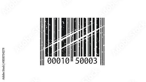 A distressed, black barcode with diagonal lines and numerical code on a clean white background