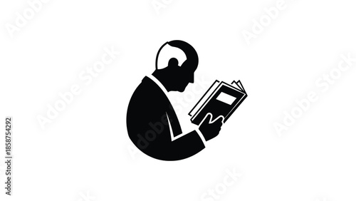 A minimalist black and white silhouette graphic depicts a person intently reading an open book