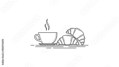 A minimalist black and white line art illustration of a steaming cup and two croissants on a white background
