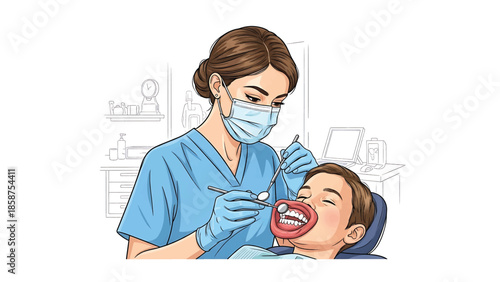 Dentist in mask and scrubs examines a young boy's teeth with tools in a dental office setting
