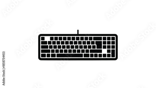 A minimalist black silhouette of a full-sized computer keyboard with white keys on a white background