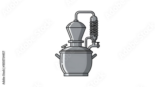 A flat design illustration of a traditional grey still with a condenser coil for distillation process