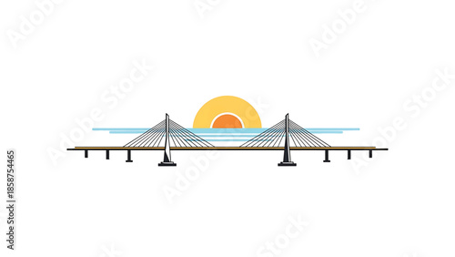 A simple illustration of a cable-stayed bridge over water with a setting sun, minimalistic design