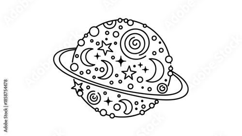 A whimsical black outline illustration of a celestial body with rings, adorned with various moons, stars, and spirals