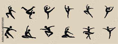 A set of 12 black silhouettes of dancers (classical ballet, lyrical dance, and contemporary dance) rendered in an elegant, minimalist calligraphic style on a beige background.