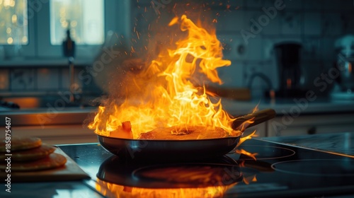 In the image, a significant fire is blazing from a frying pan on a modern stove top, set against the backdrop of a well-equipped kitchen with visible countertops and kitchen appliances; the fire's
