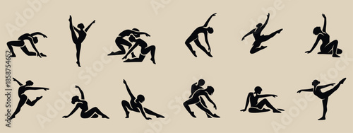 A set of 12 black silhouettes of dancers, with an emphasis on pair dances, executed in a very minimalist, abstract style (as if with a calligraphic brush or a single smooth stroke).
