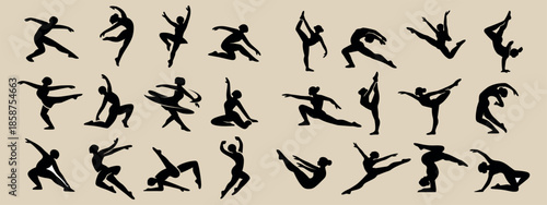 A collection of 24 black silhouettes of dancers (black outlines on a beige background). Each figure is depicted in a dynamic, characteristic pose, illustrating different dance styles and movements.