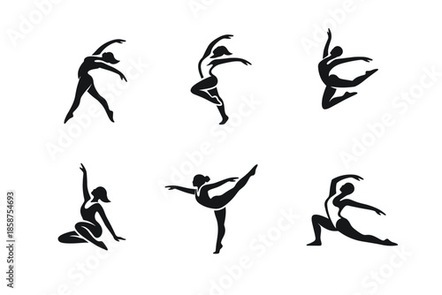 A set of black silhouettes (pictograms) of dancers (ballerinas or modern dancers) on a white background. Each figure is in a dynamic, graceful pose that conveys the movement and plasticity of dance.