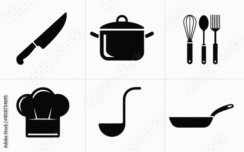 Professional culinary equipment vector silhouettes featuring cooking pan ladle and chef hat icon