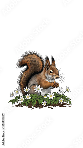 A charming illustration of a fluffy red squirrel holding something, surrounded by white flowers and green leaves