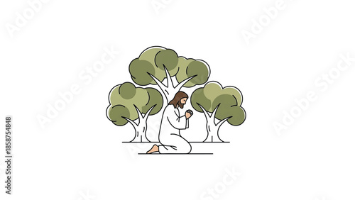 A person with a beard and robe kneels in prayer among three stylized trees on a white background