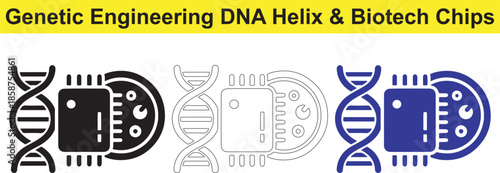 Genetic engineering DNA helix and biotech chips icons