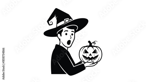 Black and white illustration of a person in a witch hat looking surprised while holding a carved Halloween pumpkin