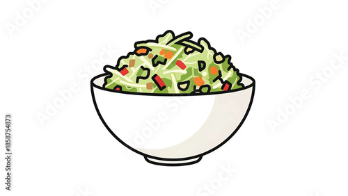 A white bowl filled with a fresh, green, cartoon-style salad featuring shredded cabbage and colorful vegetable pieces