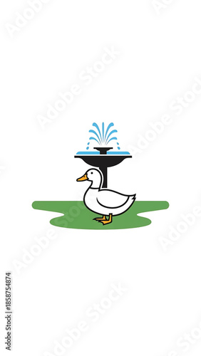 Cartoon duck with yellow beak and feet on green grass next to a black water fountain with blue water