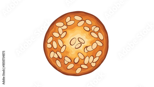 An isolated illustration of a round cookie or flatbread, topped with light-colored oval seeds
