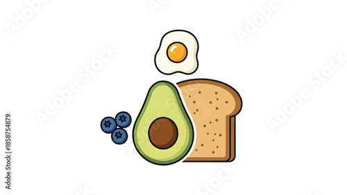 Cartoon-style illustration of healthy breakfast food fried egg, avocado half, blueberries, and toast