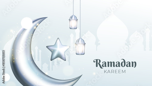 Luxury Ramadan Kareem on a white background. 3D Arabian decorations, crescent moon, and lantern. Traditional Islamic celebration greeting card banner, religious festive poster