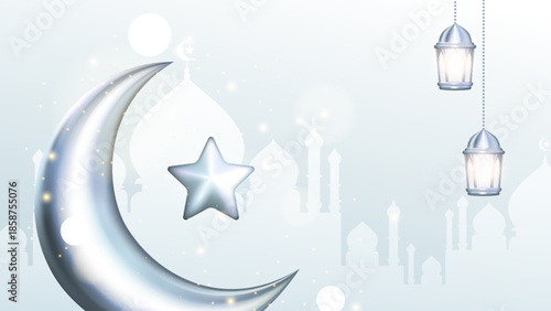 Luxury Ramadan Kareem on a white background. 3D Arabian decorations, crescent moon, and lantern. Traditional Islamic celebration greeting card banner, religious festive poster