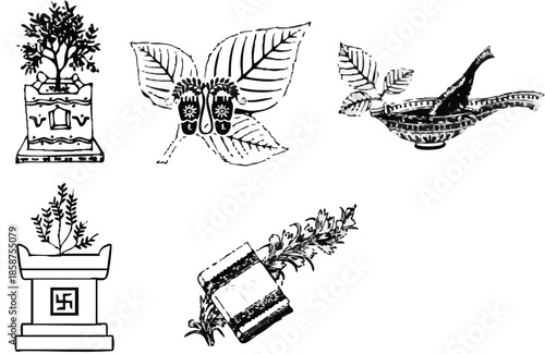 PrinHindu Ritual and Puja Elements Hand Drawn Vector Illustration Sett