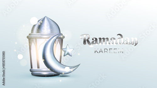 Luxury Ramadan Kareem on a white background. 3D Arabian decorations, crescent moon, and lantern. Traditional Islamic celebration greeting card banner, religious festive poster