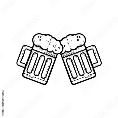 Two clinking beer mugs with foam in hand drawn line art style, vector illustration