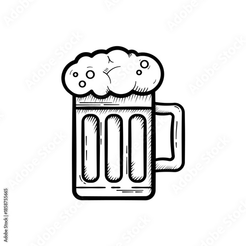 Beer mug with foam in hand drawn line art style, vector illustration