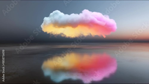 A voluminous cloud of pink and yellow hues floats above the mirror-like surface of the water, creating a bright reflection against the background of the twilight horizon