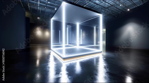 A futuristic glass cube in the center of a dark studio with a mirror floor pulses with bright white neon light, illuminating the industrial space around