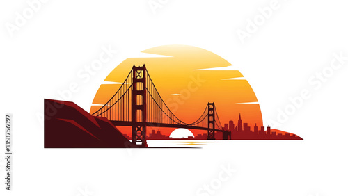 Illustration of a large suspension bridge spanning water, silhouetted against a vibrant sunset over a city skyline
