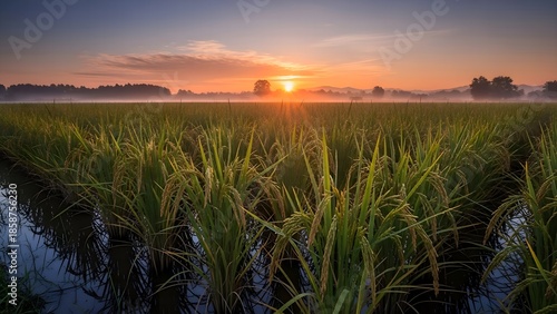 Golden Sunrise over Misty Rice Fields