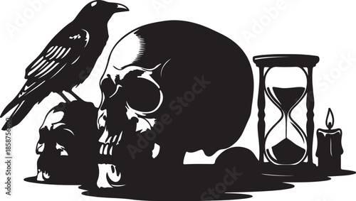 Black and white of a crow, skull, hourglass, and candle on a dark surface also transparent background
