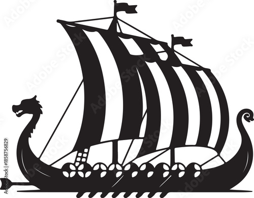 Black and white of a Viking longship with striped sail and dragon head prow also transparent background
