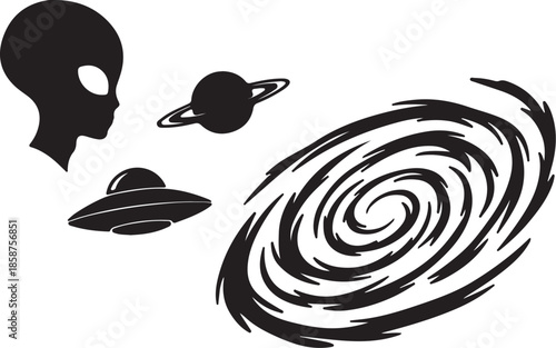 Black and white of an alien head, a flying saucer, a planet with rings, and a spiral galaxy also transparent background