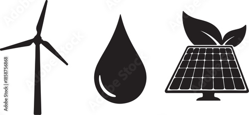 Black and white of wind turbine, water drop, and solar panel with leaves also transparent background