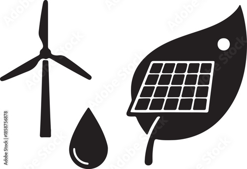 Black and white of wind turbine, water drop, and solar panel on a leaf also transparent background