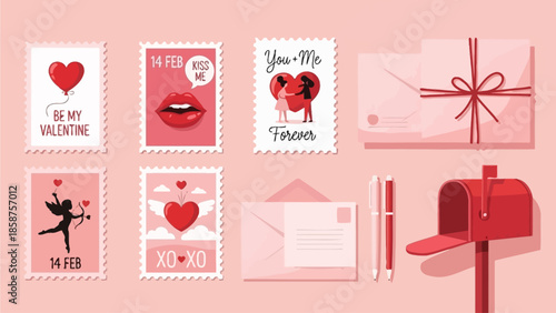 Valentine's Day mail and postage icons including envelopes, stamps, cupid, lips, and a mailbox