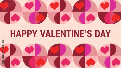 Elegant Valentine's Day greeting card design featuring a vibrant pattern of abstract heart shapes in a modern geometric style, rendered in various shades of pink and red