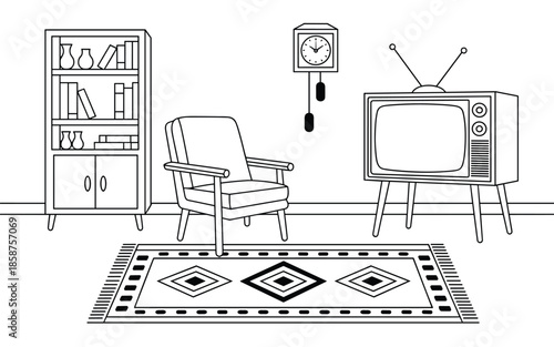 Retro living room interior with vintage television armchair bookshelf and geometric pattern carpet