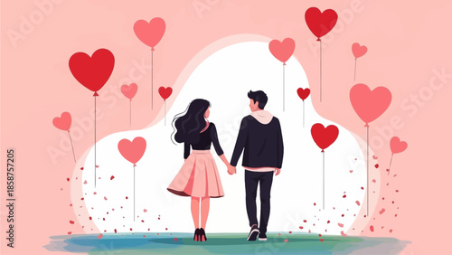 Romantic couple holding hands amidst floating heart balloons, celebrating love and togetherness on a special occasion