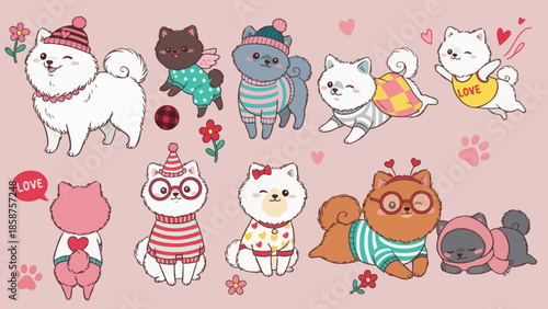 An endearing collection of charming cartoon dogs dressed in a variety of delightful outfits, perfect for heartwarming pet-themed designs and sweet animal illustrations