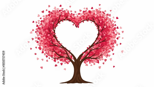 Beautiful vector illustration featuring a tree with a vibrant canopy formed by numerous red hearts, symbolizing love, romance, growth, and affection