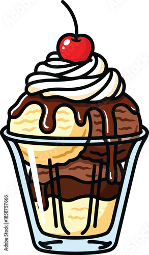 Cartoon ice cream sundae with chocolate sauce and cherry