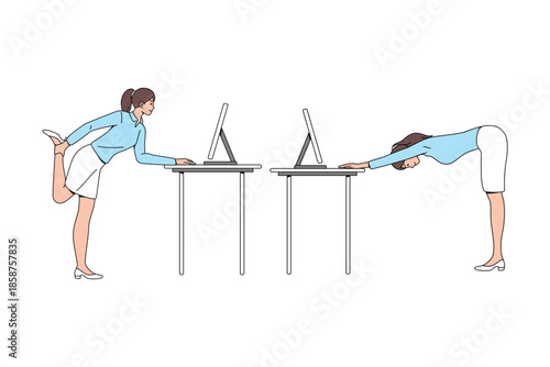 Office worker doing leg and back stretches at desk. Desk office workout. Flat vector illustration. 