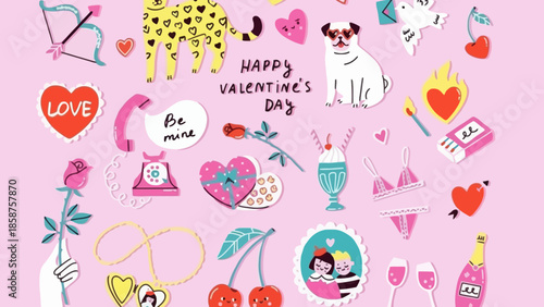 A delightful collection of playful illustrations and icons celebrating love and friendship