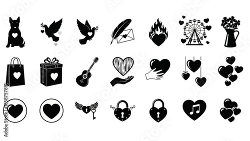 Collection of Valentine's Day icons representing love, romance, and relationships, including hearts, gifts, and music notes