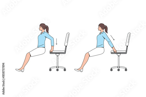 Chair dips for tricep workout at the office. Office Chair Exercise illustration. Flat vector.