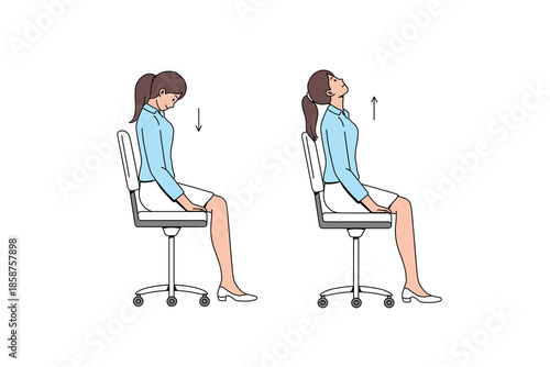 Neck mobility and chin tuck exercises. Employee doing office exercises chair. Flat vector illustration. 