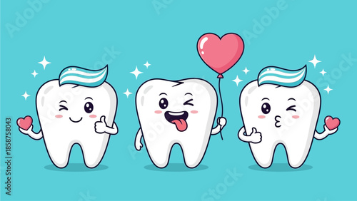 Cute cartoon teeth characters celebrating dental health and hygiene with a heart balloon and toothpaste